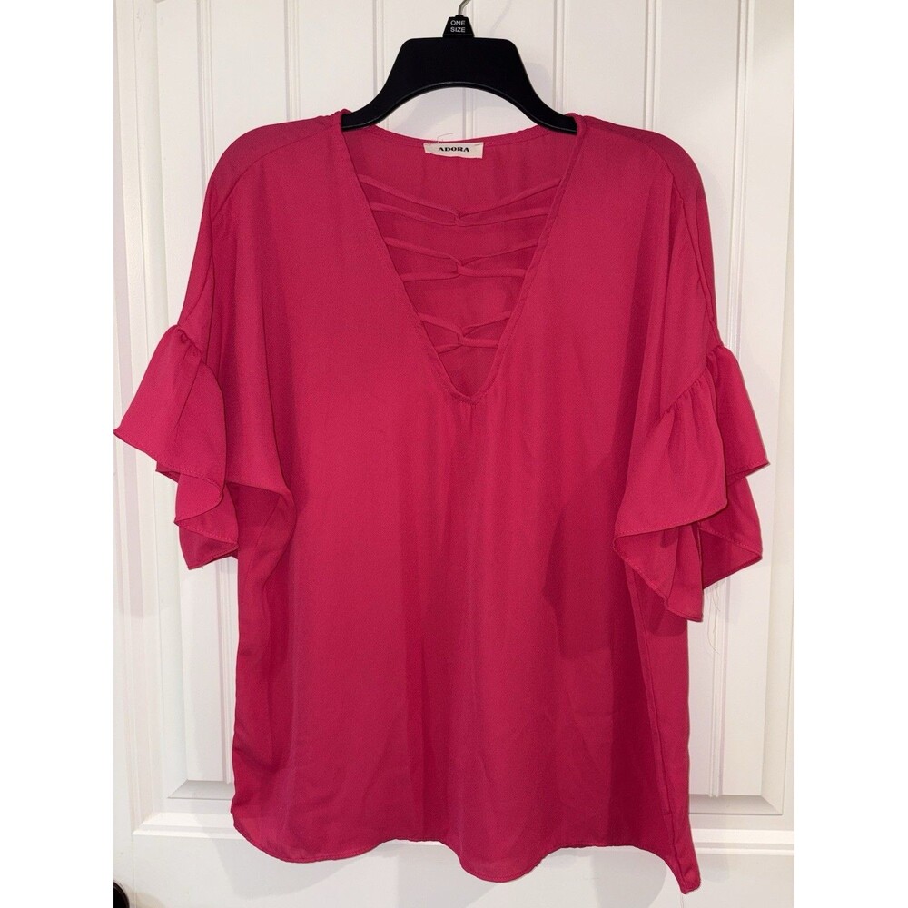 Adora Vintage Made in USA Blouse V-Neck Pink Polyester Womens Small oversized